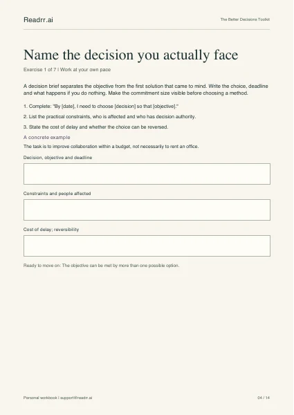 Actual first exercise page from The Better Decisions Toolkit