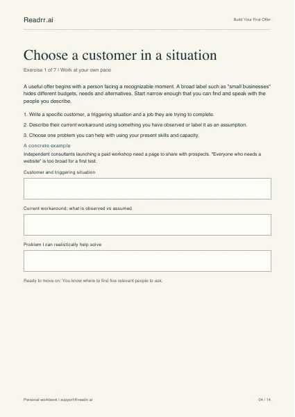Actual first exercise page from Build Your First Offer