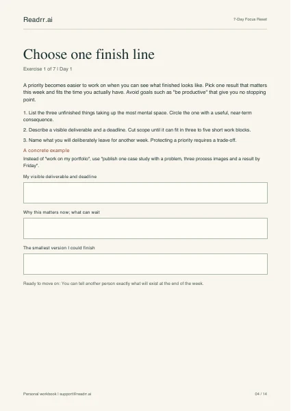 Actual first exercise page from 7-Day Focus Reset