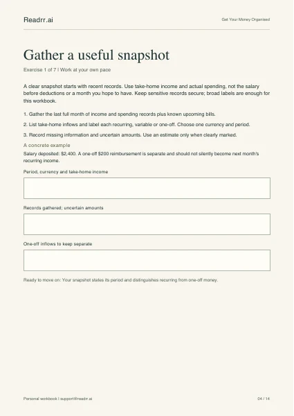 Actual first exercise page from Get Your Money Organised