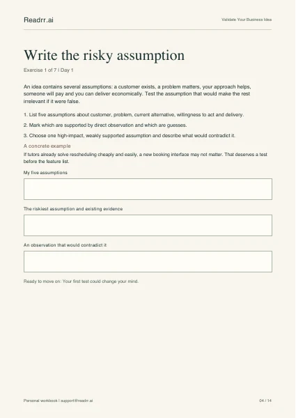 Actual first exercise page from Validate Your Business Idea